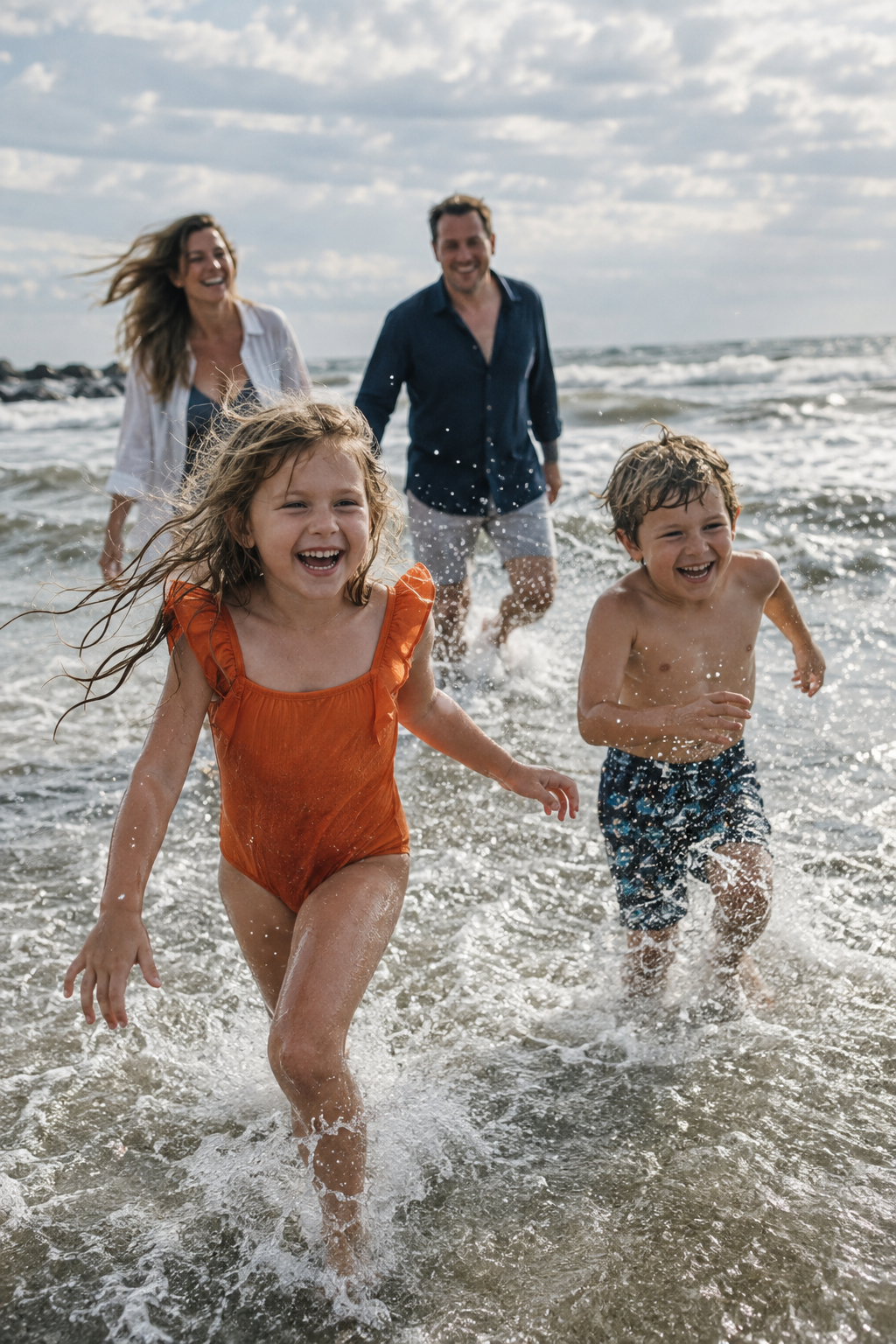 Family running through the surf