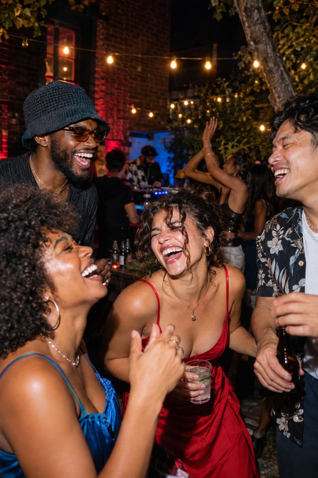 Friends laughing at an evening event